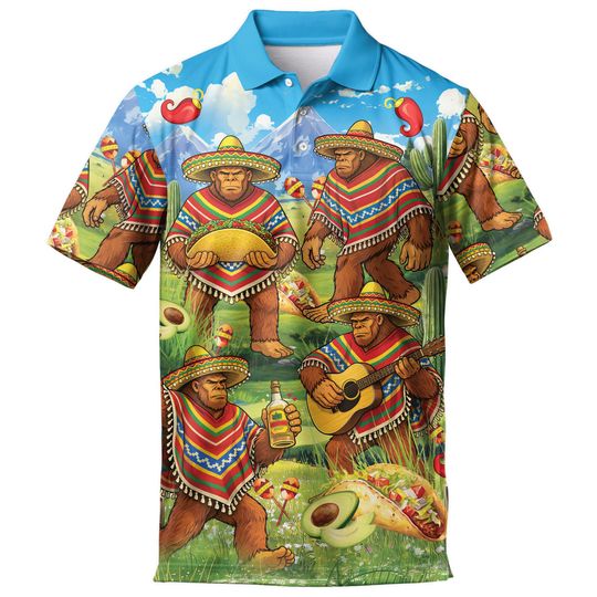 Funny Bigfoot De Mayo Tacos Polo Shirts For Men Vintage Taco Golf Polos Shirts Casual Short Sleeve Button Up Shirt