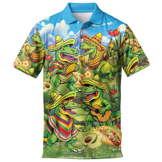 Funny T-Rex De Mayo Tacos Polo Shirts For Men Vintage Taco Golf Polos Shirts Casual Short Sleeve Button Up Shirt