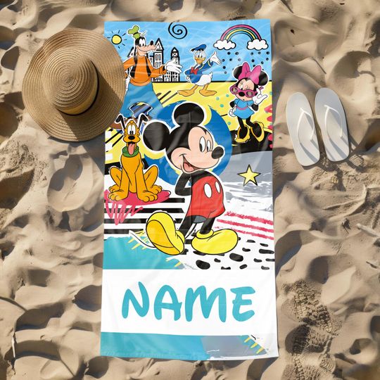 Discover Custom Mickey Mouse Beach Towel with Name, Disney Cartoon Surf Summer Ocean Pool Towel, Custom Vacation Beach Gift