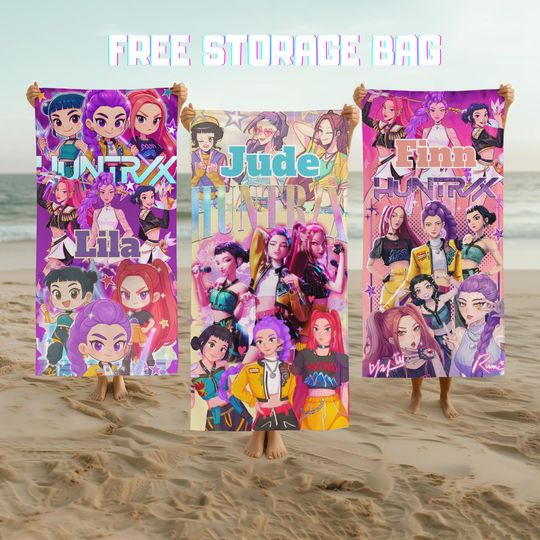 Discover Personalized Kpop Huntrix Anime Beach Towel,Custom Name Summer Gift,Kpop Hunters Towels for Kids,Huntrix Pool Beach Towel,Anime Girl Towel