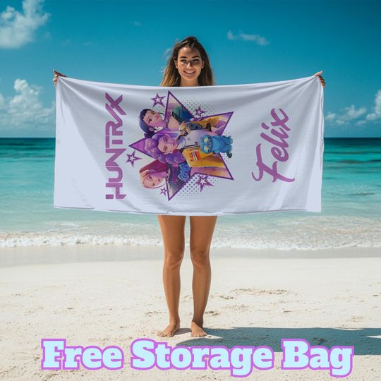 Discover Personalized Kpop Huntrix Beach Towel,Custom Kids Name Pool Towel,Anime Art Bath Towel,Anime Girl Power Art Beach Gift,Summer Vacation Gift