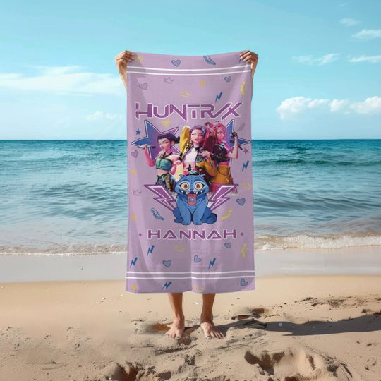 Huntrix Anime Beach Towel, Rumi Mira Zoey Derpy Tiger Towel, Personalized Beach Towel, Kpop Demon Hunters Gift, Custom Summer Gift