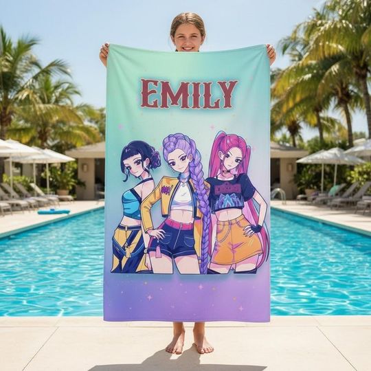 Discover Personalized Huntrix Kpop Towel, Anime Character Illustration, Summer Travel Gift, Beach Pool Accessory