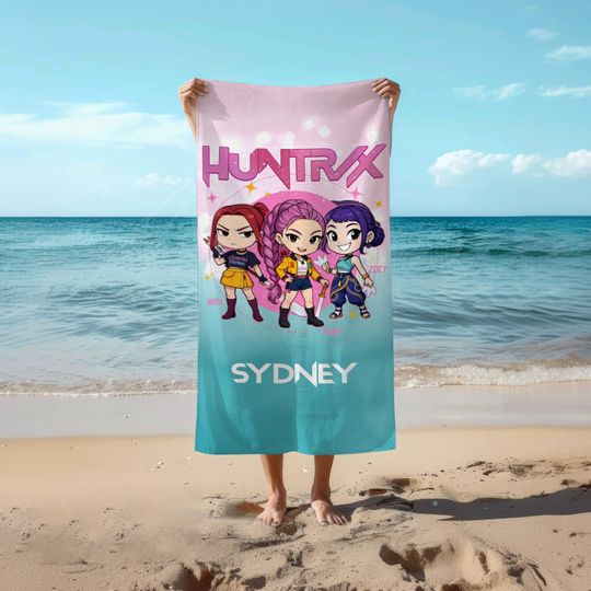 Huntrix Chibi Anime Beach Towel, Rumi Mira Zoey Chibi Towel, Kpop Anime Girl Towel, Personalized Beach Towel, Kpop Demon Hunters Gift