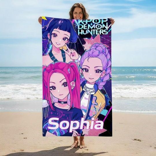 Discover Personalized Huntrix Anime Beach Towel, Kpop Demon Girl Artwork, Custom Name Summer Gift, Vacation Pool Towel