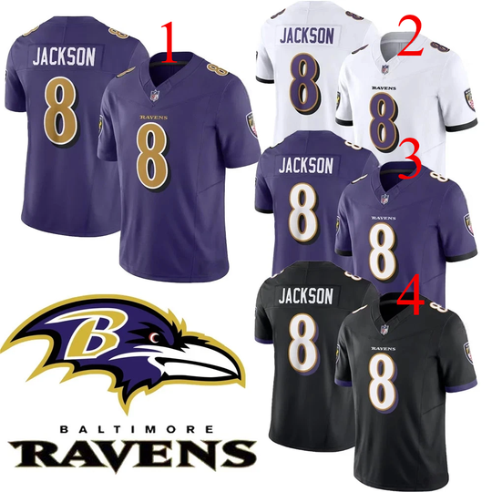 Men's Ravens #8 Lamar Jackson Purple/Black/White Game All Printed Football Jersey