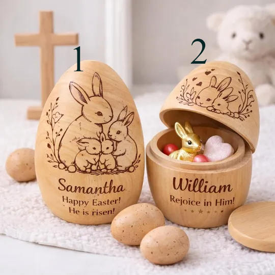 Personalized Christian Easter Wooden Egg, He Is Risen Easter Keepsake, Custom Bunny Egg Gift for Kids