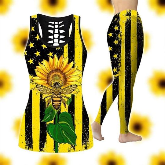 Discover Sunflower With Bee And American Flag All Over Women Tank Top & Leggings