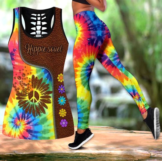 Tie Dye Sunflower Hippie Peace Symbol All Over Women Tank Top & Leggings