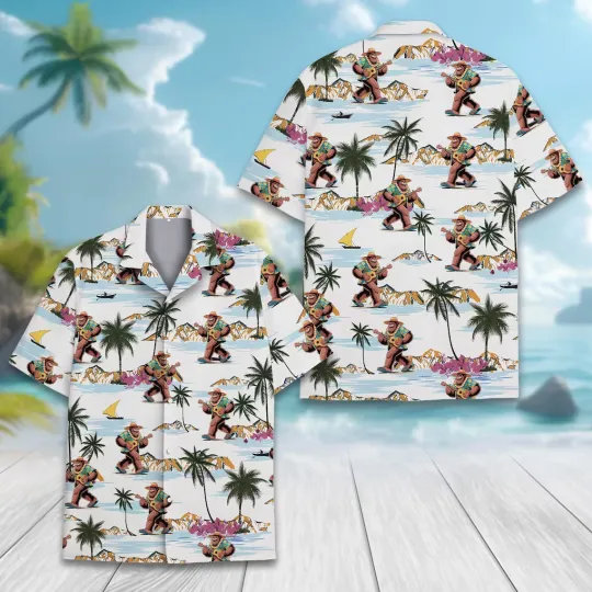 Discover Bigfoot Beach & Guitar Hawaiian Button Down Shirt