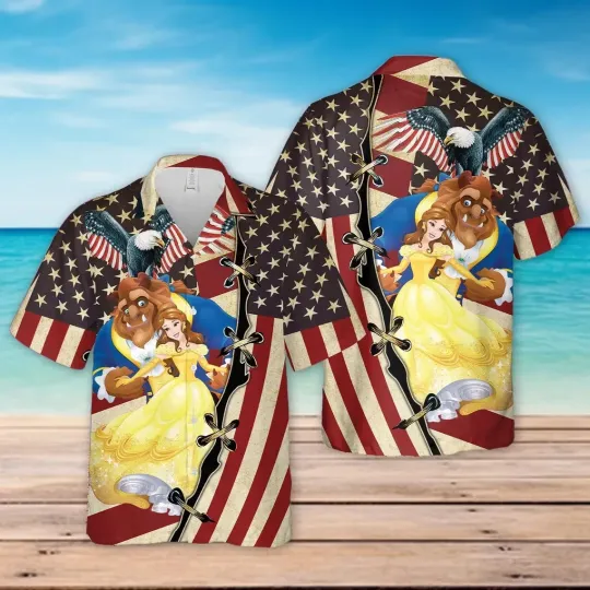 Discover Beauty and The Beast US Flag Hawaiian Button Down Shirt