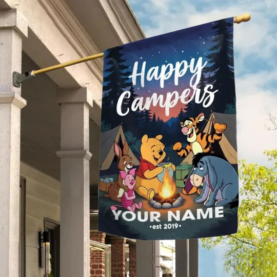 Discover Personalized Happy Camping Pooh House Flag, Camping Flag