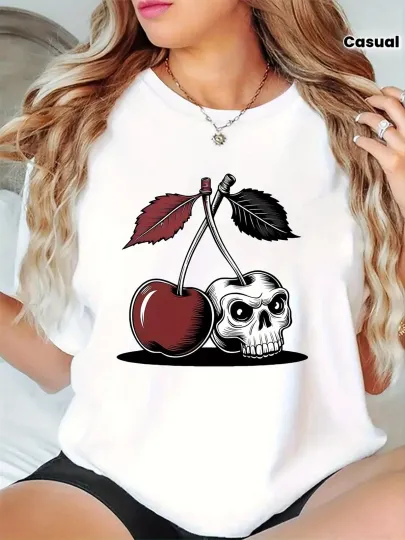 Discover Cherry & Skull Print Short Sleeve Crew Neck T-shirt, Casual Sports Short Sleeve
