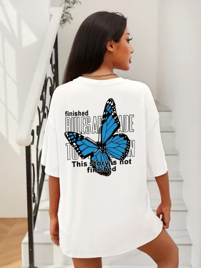 Discover Plus Size Women's Oversized White T-Shirt Dress with Blue Butterfly Graphic