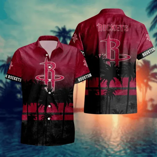 Houston Basketball Team Rocketss Hawaiian Button Down Shirt Unisex Adults S-5XL