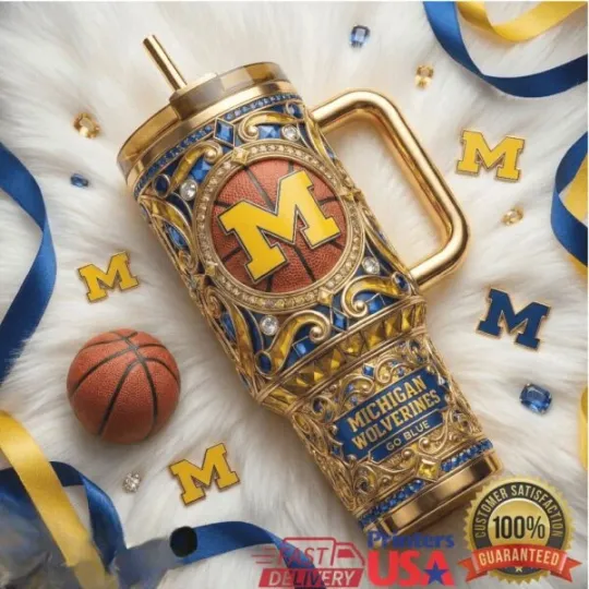 Discover Wolverines “Go Blue” NCAA Basketball Jeweled 40oz Tumbler ( black handle )
