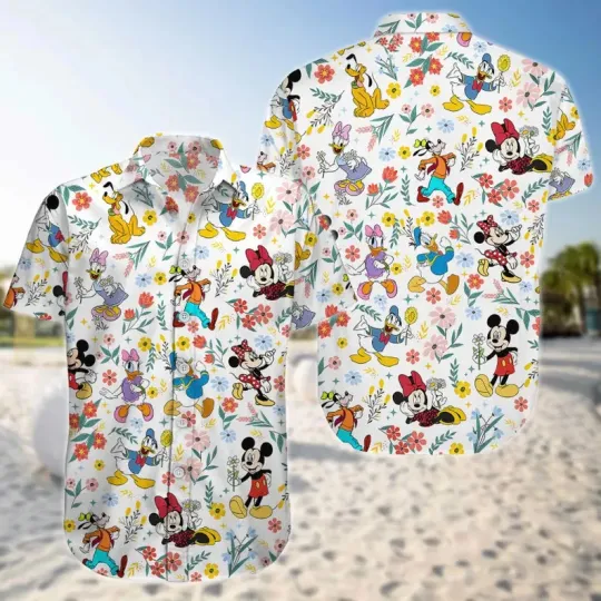 Discover Disney Mickey Minnie Donald Summer Vacation Floral Aloha Hawaiian Shirt