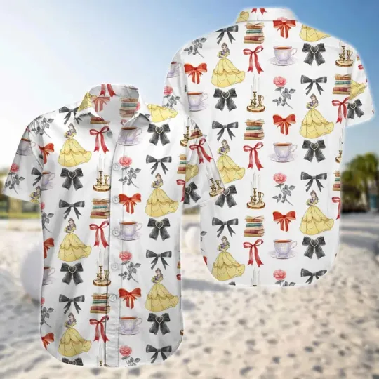 Disney Beauty And The Beast Belle Princess Fairytale Bow Aloha Hawaiian Shirt