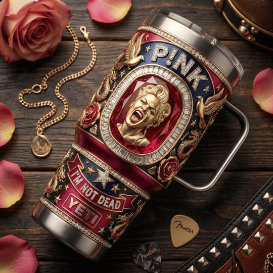 Discover P!NK Inspired Stainless Steel Tumbler with Handle, Im Not Dead Rock Diva Mug, Music Lover Gift, Red Glam Travel Cup