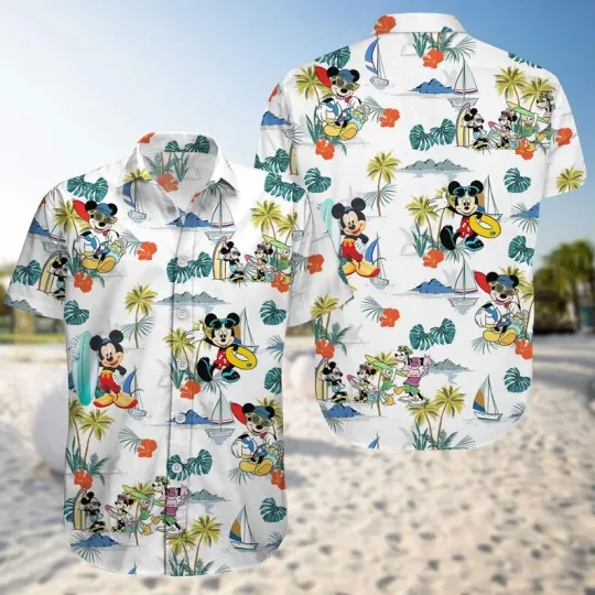Discover Disney Mickey Mouse Surf Palm Tree Island Beach Summer Aloha Hawaiian Shirt