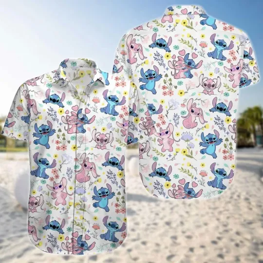 Disney Pastel Stitch And Angel Cute Couple Beach Summer Aloha Hawaiian Shirt