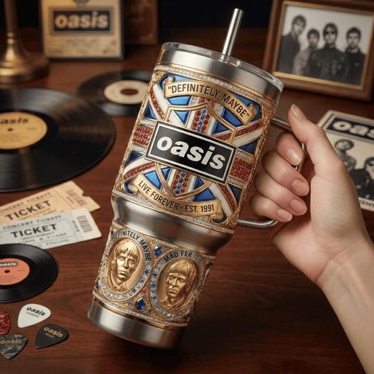 Discover Oasis Inspired Stainless Steel Tumbler with Handle, Definitely Maybe Britpop Mug, 90s Rock Band Travel Cup, Music Lover Gift