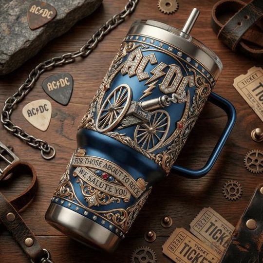 Discover ac dc Inspired Stainless Steel Tumbler with Handle, Rock Band Cannon Mug, For Those About to Rock Cup, Music Lover Gift, Blue Travel Mug