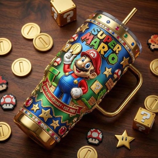 Super Mario Stainless Steel Tumbler with Handle, Retro Video Game Mug, 40th Anniversary Gamer Cup, Nintendo Fan Gift