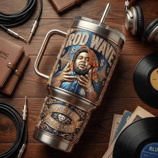 Rod Wave Inspired Stainless Steel Tumbler with Handle, Fly Rap Mug, Pray 4 Love Travel Cup, Hip Hop Music Lover Gift
