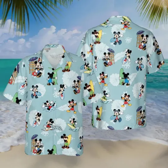 Discover Disney Mickey Mouse Surfing Tropical Aloha Hawaiian Shirt