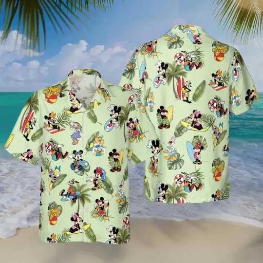 Discover Disney Beach Trip Mickey Mouse & Friends Surfing Tropical Aloha Hawaiian Shirt