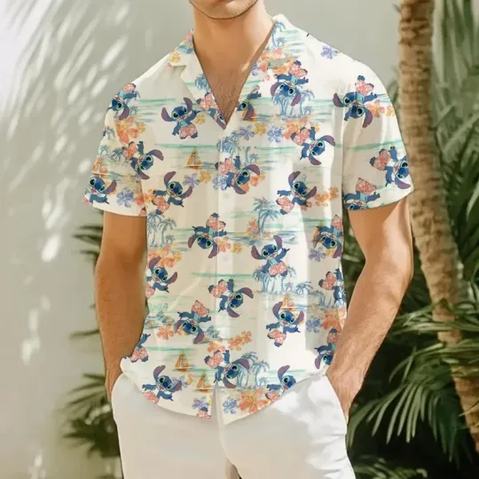 Discover Disney Stitch Floral Palm Tree Island Summer Aloha Hawaiian Shirt