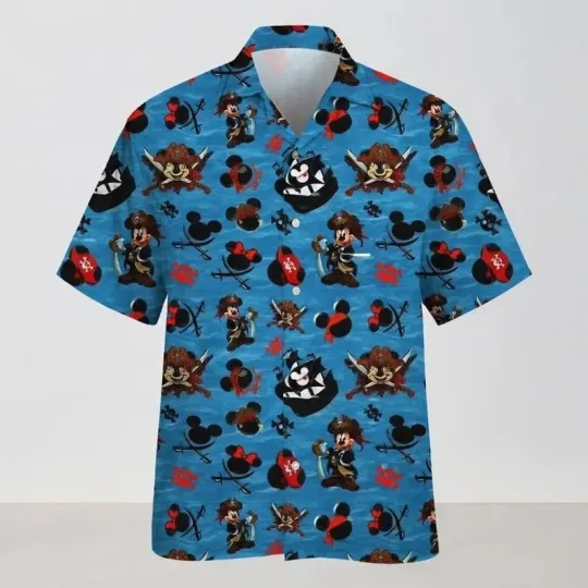 Discover Disney Mickey Pirates Caribbean Blue Waving Aloha Hawaiian Shirt