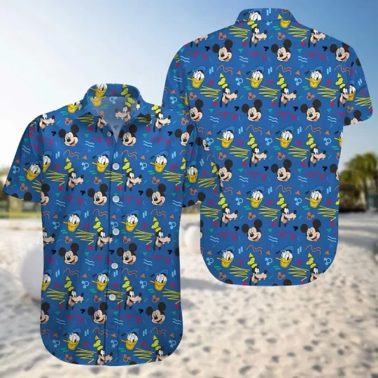 Discover Disney Mickey Donald Goofy Blue Vacation Summer Beach Aloha Hawaiian Shirt
