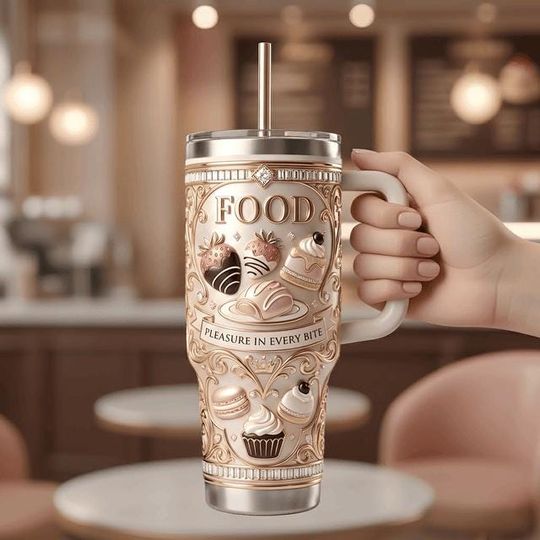 Discover Luxury Dessert Stainless Steel Tumbler with Handle, Sweet Treat Coffee Travel Mug, Bakery Aesthetic 40oz Cup, Food Lover Gift