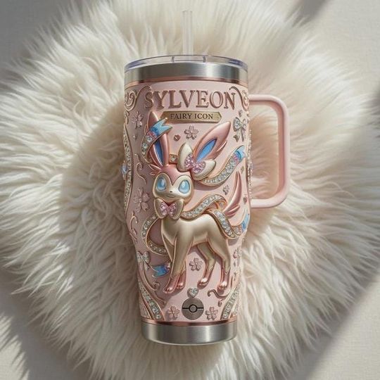 Discover Sylveon Stainless Steel Tumbler with Handle, 3D Fairy Icon Mug, Pink Anime Cup, Cute Gamer Gift for Her, Travel Coffee Mug