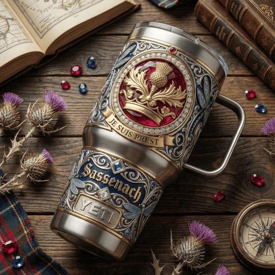 Discover Sassenach Je Suis Prest Stainless Steel Tumbler with Handle, Scottish Highland Thistle Mug, Celtic Clan Gift, Travel Coffee Cup