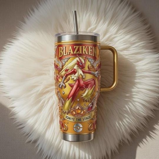 Discover Blaziken Stainless Steel Tumbler with Handle, 3D Fire Warrior Mug, Ignite the Stage Cup, Anime Gamer Gift, Red Travel Mug
