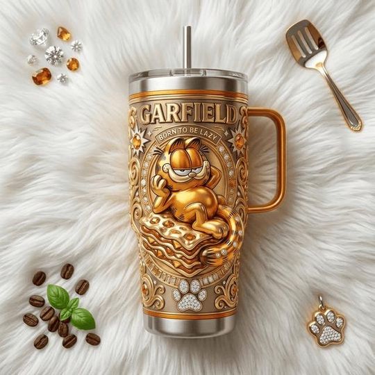 Discover Garfield Stainless Steel Tumbler with Handle, Born to Be Lazy Cat Mug, Funny Orange Cat Coffee Cup, Cartoon Lover Gift