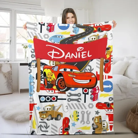 Personalized Name Lightning MCQueen Fleece Blanket, Cars Movies Sherpa Blanket