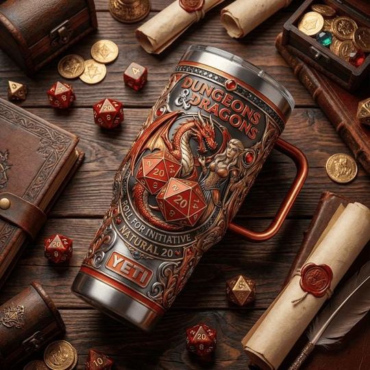 Discover Dungeons and Dragons Stainless Steel Tumbler with Handle, Roll for Initiative Mug, Natural 20 Dice Cup, RPG Gamer Gift