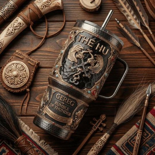 Discover The HU Tumbler with Handle, Rumble of Thunder Stainless Steel Mug, Mongolian Rock Band Cup, The HU Fan Gift, Insulated Travel Drinkware