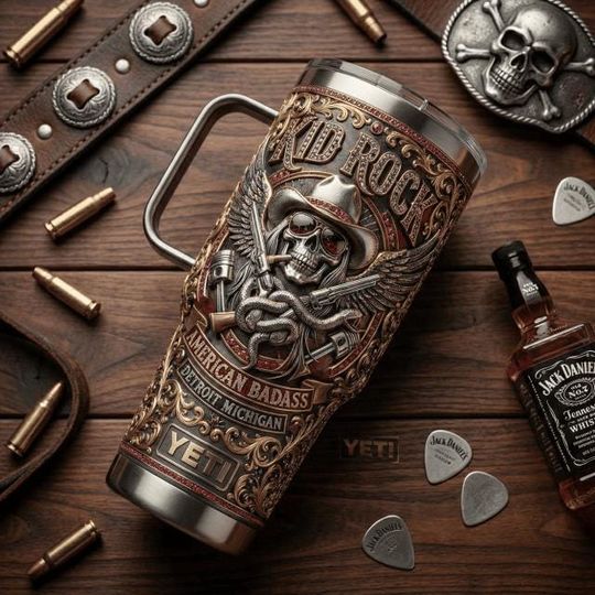 Discover Kid Rock American Badass Tumbler with Handle, Detroit Michigan Stainless Steel Mug, Rock Country Fan Gift, Insulated Travel Cup