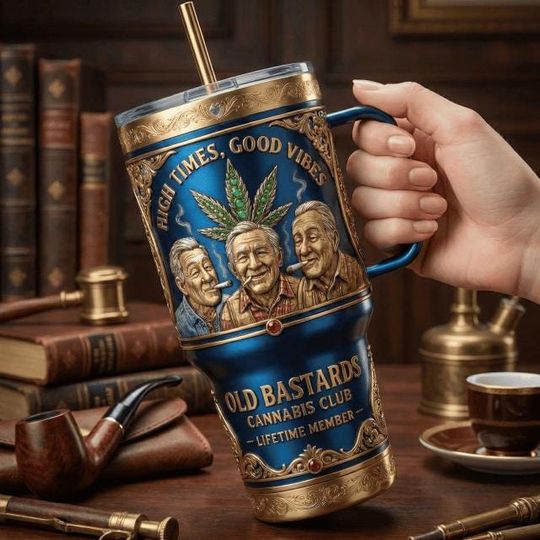 Discover Old Bastards Cannabis Club Stainless Steel Tumbler with Handle, High Times Good V Mug, Funny 420 Gift, Vintage Blue Travel Cup