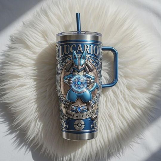 Lucario Tumbler with Handle, Shine with Aura Anime Inspired Mug, Blue Stainless Steel Cup, Gaming Fan Gift, Insulated Travel Drinkware