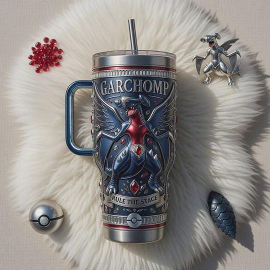 Discover Garchomp Stainless Steel Tumbler with Handle, Shark Dragon Mug, Rule the Stage Cup, Anime Gamer Gift, Blue Travel Mug