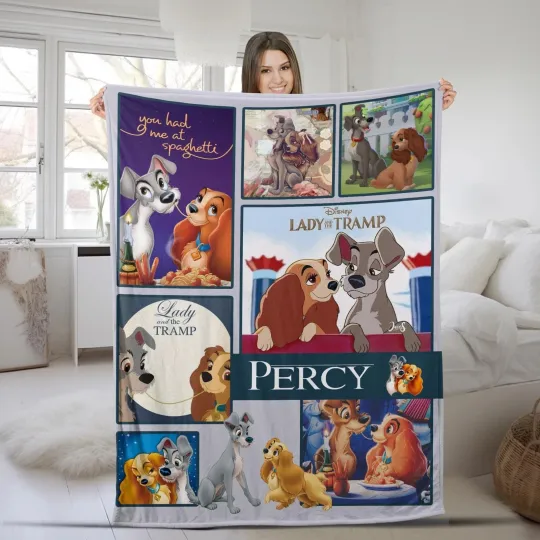 Personalized Disney Lady And The Tramp  Fleece Blanket, Custom Name Disney