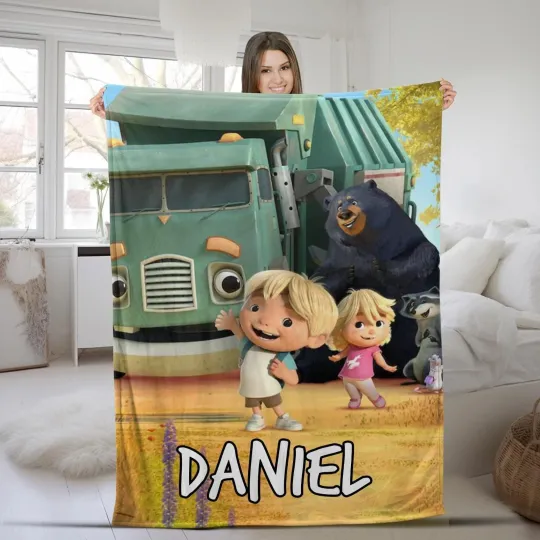 Trash Truck Cartoon Blanket, Personalized Trash Truck Fleece Blanket, TV Show