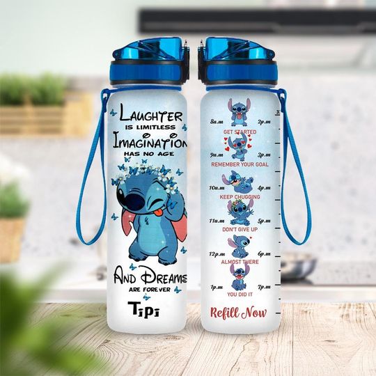 Discover Personalized Stitch Water Bottle, 32oz Cartoon Hydration Tracker, Custom Name Gift