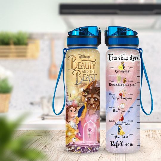 Personalized Beauty And The Beast Water Tracker Bottle 32oz, Disney Belle Princess Water Bottle, Princess Magical Kingdom Drinkware Bottle